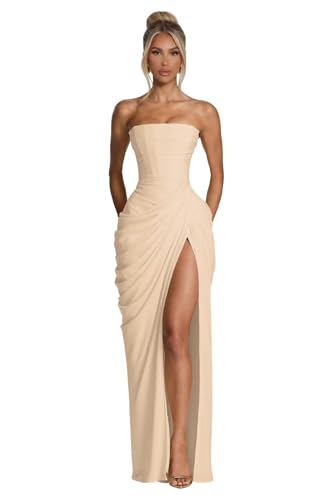 KNCERY Champagne Mermaid Corset Prom Dresses 2026 Chiffon Bridesmaid Dress for Women Long Strapless Formal Evening Gown with Slit Size0