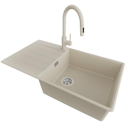 PRIMAGRAN Evier Cuisine en Granit Beige 90x50cm, Lavabo 1 bac + Robinet 40x20cm + Kit de Vidage, Évier à Encastrer au Meuble 60cm - Copenhague Top S683