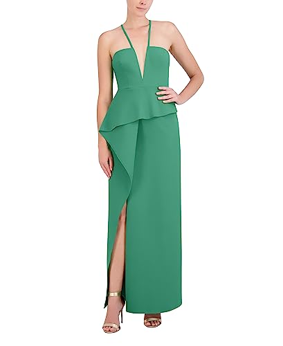 BCBGMAXAZRIA Women's V Neck Off The Shoulder Maxi Peplum Gown, Malachite, 4