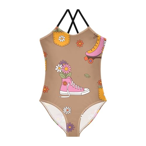 Girls One Piece Swimsuits Sneakers Roller Skates and Flowers Sport Halter Swimwear Beach Bathing Suit,7-8T
