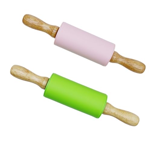 GDJIAJT Lot de 2 rouleaux à pâtisserie en silicone avec manche en bois - 23 x 4,2 cm - Surface anti-adhésive - Pour enfants, pâtisserie, gâteaux, pizzas,...