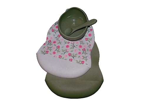 Floral Print Baby Bib with Adjustable strap, Sage and Marble with Pink Roses Pattern,Bowl and spoon included. 4 piece3