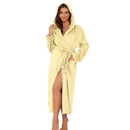 Image of Womens Long Hooded Fleece Robe, Soft Warm Spa Bathrobe for Cozy Lightweight Loungewear