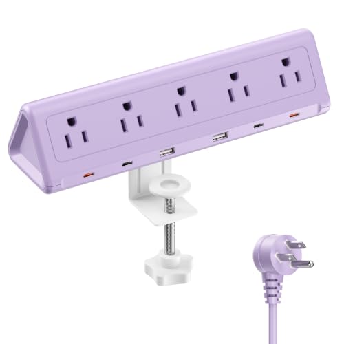 Image of 6.5 FT Desk Clamp Power Strip with 5 AC Outlets & 6 USB Ports PD 40W USB-C Fast Charging, Extension Cord with Multiple Outlets, Fits 2.1 in top Edge Purple