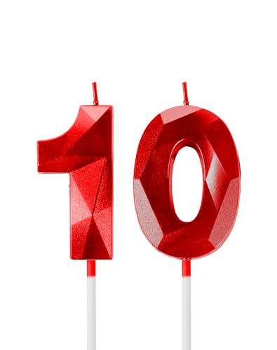 Red Birthday Candles for Cake Number 10 Candle for 10th Birthday Decorations 3D Design Cake Topper Decorations for Boy Girl Women Men Birthday Theme Party Anniversary Celebration Supplies
