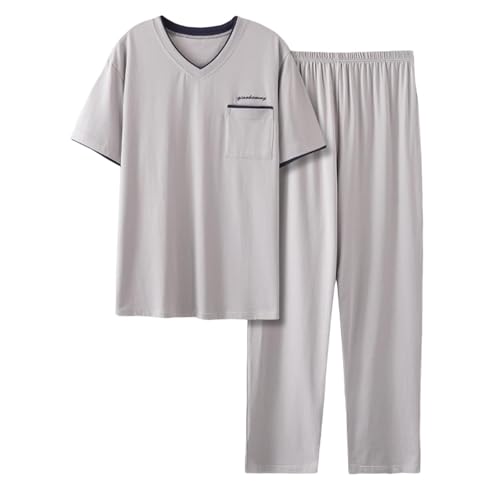Xiaojmake Loose Fit Pajama Sets for Men Long Sleeve Sleepwear with Pocket Loungewear Soft Short Sleeve Long Pant Modal Pj Set