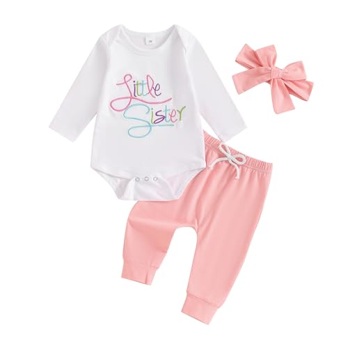Image of Rarjuiey Newborn Baby Girl Outfits Little Sister Coming Home Outfit Lil Sis Romper Tops Pants Headband 3Pcs Summer Clothes