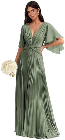 Chiffon Formal Dresses for Bridesmaid Flutter Sleeves Pleated V-N...
