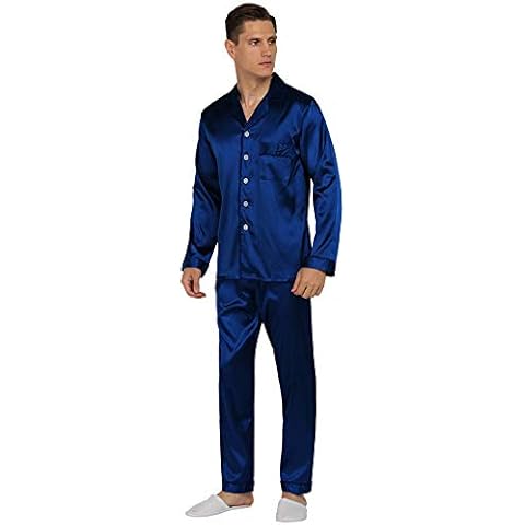 YIMANIE Mens Pajamas Silk Satin Pajamas for Men Soft Sleepwear Button Down Loungewear with Pockets Pure Blue Cover