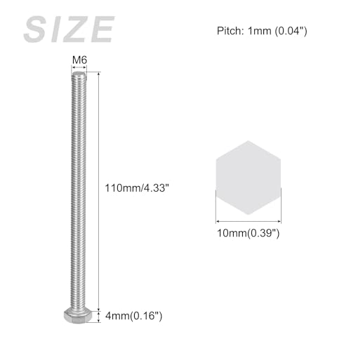 Image of METALLIXITY Hex Bolts (M6-1x110mm) 5Pcs, 304 Stainless Steel Coarse Fully Threaded Hex Head Screw Bolt Machine Screws - for Furniture Repair, Silver