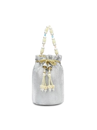 Image of Lavie Signature Women's Bisbee Pearl Handle Potli Bags | Pouches for Festive Party | Batwa Bag Bridal Purse | Gift For Women