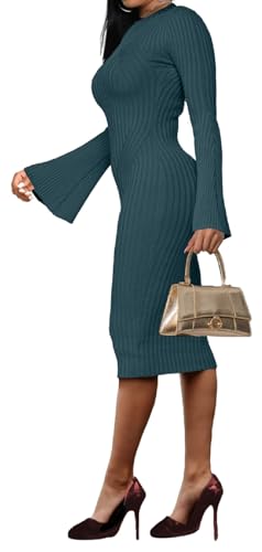 Image of Oxgmoky Women's Church Long Sleeve Sweater Dress Ribbed Bodycon Midi Work | Soft ribbed knit bodycon midi sweater dress with sleeveless cut and round neck for church, work and dinners