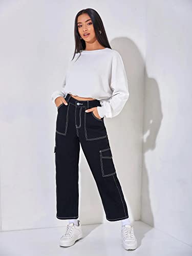 Image of dockstreet Womens Twill Denim Cargo for Women with White Stitching Accents 4 /715RAathreadcargoBlack White StitchLQR28ExthreadcargoBlack White StitchLQR28