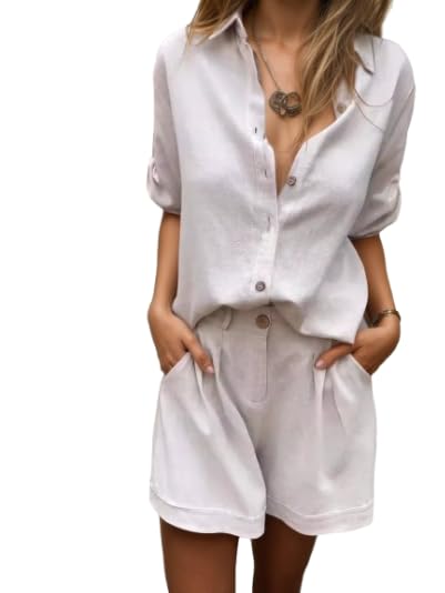 Linen Short Sets for Women Short Sleeve Top Shorts 2 Piece Summer Cotton Linen Tracksuit Outfit Loose Lounge Sets