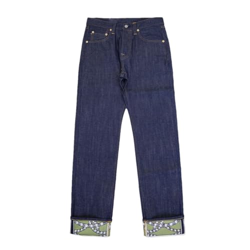 Men’S Casual Slim Fit Natural Indigo Selvedge Denim Pants Button Fly Midweight Cuffed Full Length Daily Wear