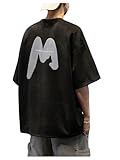 Verdusa Men's T Shirts Casual Tops Letter Printed Drop Shoulder Tops Round Neck Half Sleeve Tops Black Medium