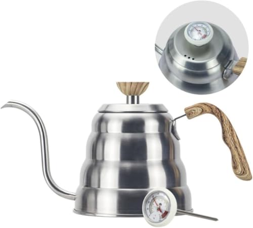 Vilom 温度計付きコーヒーポット ドリップポット ステンレス 1/1.2L 蓋付き 細口 木目ハンドル 直火・IH対応 グースネック コーヒードリップポット ティーポット キャンプ用 ストーブ対応 おしゃれ (ステンレス製温度計,1.2L)