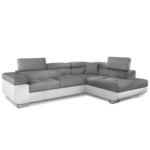 Menzzo Canapé d’Angle Antoni en Simili Blanc & Tissu Gris Clair – Canapé Moderne 5 Places...