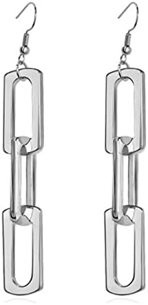 MALOYANVE Rectangle Link Chain Earrings for Women Girls Unique Minimalist Gold Silver Plated Vertical Geometric Rectangle Dangle Drop Statement Earrings Dainty Jewelry (Silver)