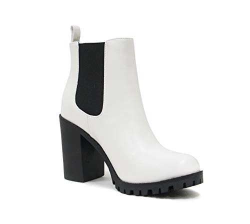Soda Glove - Ankle Boot W/Lug Sole Elastic Gore And Chunky Heel (White (Pu), Numeric_8) #TOP3