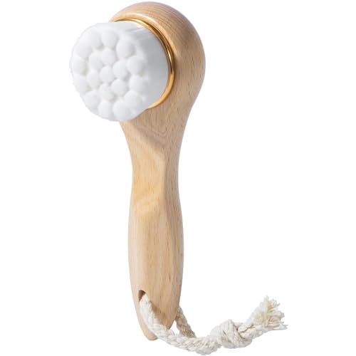Cepillo facial ultra suave, cepillo de limpieza facial manual con correa, cepillo facial con mango largo de madera para limpiar y exfoliar, adecuado para todo tipo de piel, color blanco