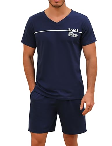 Marvmys Conjunto de Pijama Corto con Cuello en V Estampado de Colores Combinados Conjunto de Pijama Corto de Manga Corta para Hombre Ropa Deportiva Cómoda y Transpirable de Algodón para Hombre S-XXL