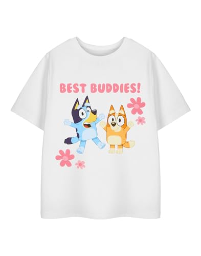 Bluey & Bingo Best Buddies! Girls Cartoon Graphic Tee | Classic White Crew Neck T-Shirt | Plain Short Sleeve Top for Casual Wear