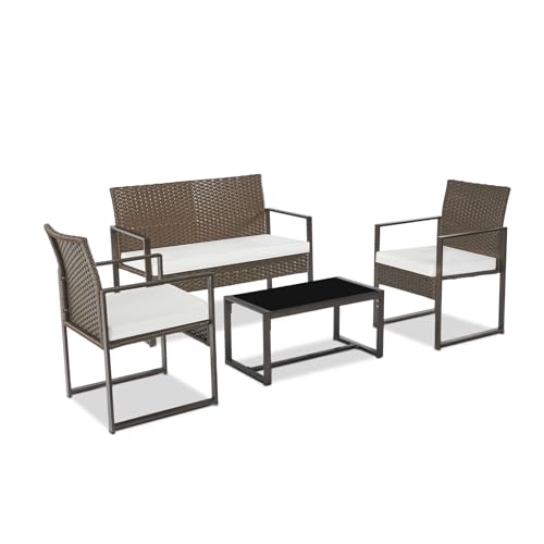YIYAN 4 Piece Patio Furniture Set Outdoor Wicker Furniture Set Patio Furniture Set Bistro Set Outdoor Rattan Conversation with Coffee Table for Garden Balcony Backyard(White)