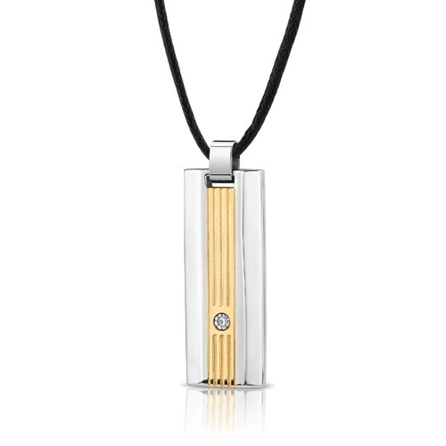 Peora Designer Stainless Steel Gold-Tone Dog Tag Bar Pendant For Men And Women, Solitaire Cz Accent, Adjustable Black Cord, Hypoallergenic Jewelry #TOP1