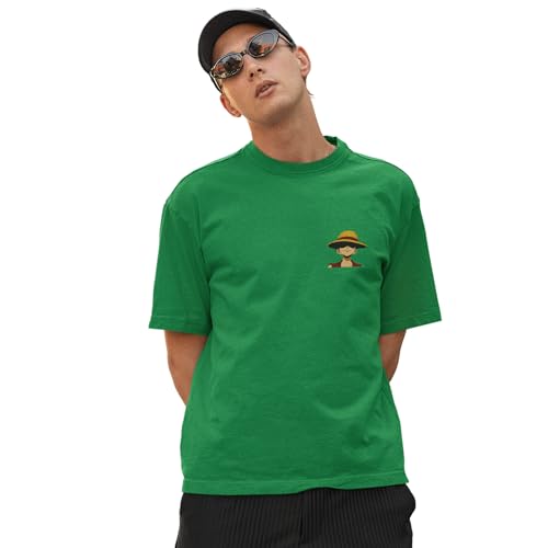 Image of Oversized Cotton Anime Graphic Print Monkey D. Luffy Black Drop Shoulder T-Shirt for Men and Women (Black)