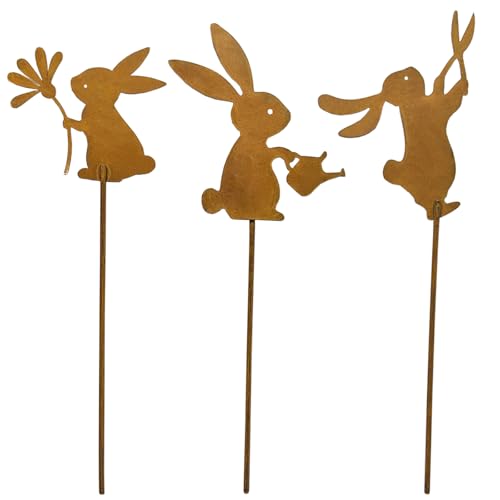 KHDULQ Osterhasen Gartenstecker 3 Stück Edelrost Oster Hase Gartenstecker Deko Rost Ostern Rost Deko Gartendeko für Draußen,Gartendekoration im Landhausstil, Osterdekoration