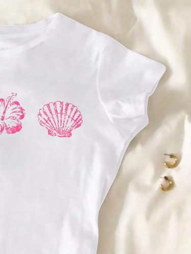 Image of RoseSeek Girl's Floral Graphic Crop Tops Tees Short Sleeve Crewneck Cute Slim Fit T Shirt Summer Tops