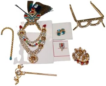 Reliable Bal Gopal Kanhaji Shringar accessories Combo Set with Mukut Mala,Kada,Bansuri, Tilak,Kundal,Chari and Gaddi Takkiya Set for laddu gopal/Krishna Idol Size 0,1 No/Mukut Set for Deities