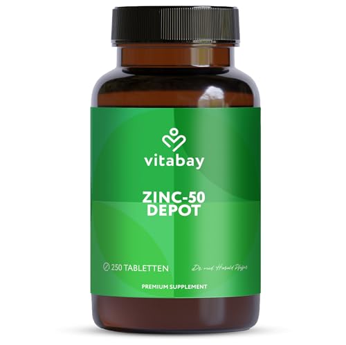 Vitabay Zink 50 mg – 250 Vegane Tabletten – Zinkgluconat hochdosiert – Vegan & ohne Zusatzstoffe – Laborgeprüft – Vorrat für 16 Monate