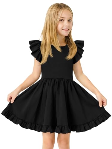 Haloumoning Toddler Baby Girl Summer Dress Little Kids Cute Ruffle Sleeve A-Line Flowy Beach Dresses 9M-8Y Black