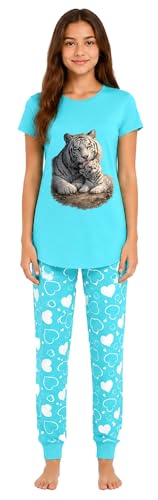 Image of Jujak Girls White Tiger Pyjama Set Cotton Short Sleeved PJs Loungewear (UK, Age, 14 Years, 15 Years, Regular, Cyan/White)