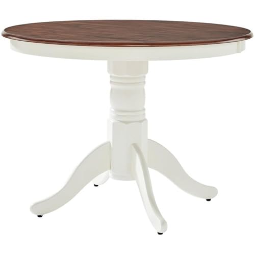 BOWERY HILL Round Pedestal Wood Dining Table, 42" Diameter, Rubbed White and Rich Cherry Finish, Rubberwood and MDF, Classic Turned Base, Farmhouse Style Kitchen or Dining Room Table, Seats 4