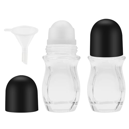 Empty Glass Roller Bottles 2 Pcs Black Clear Empty Glass Essential Oil Roller Bottles Empty Refillable Roll on Glass Bottles with Refillable Containers Tools and Accessories (30ML)