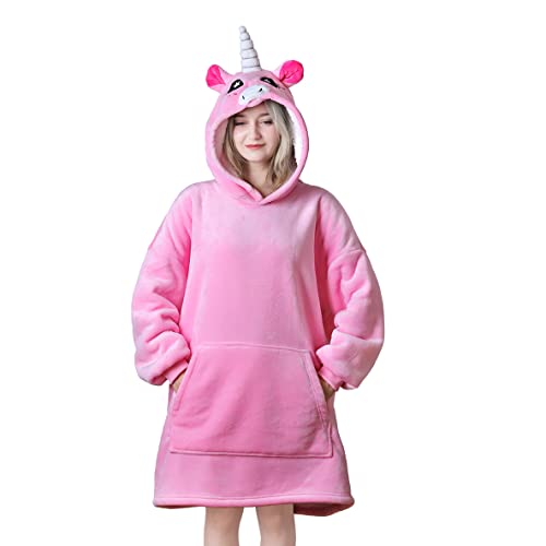 Queenshin Rosa Einhorn Hoodie Decke Tierkörperdecke mit Ärmeln Kuscheldecke Deckenpullover für Damen Herren, Tragbare Decke zum Anziehen...