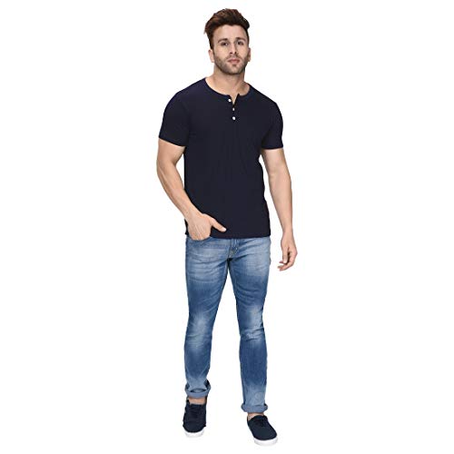 Image of London Hills Henley Neck T Shirt for Men | Tshirt for Man | T Shirt for Men | Mens Casual T Shirts | Cotton Blend Solid Half Sleeve Button Neck Slim Fit Casual Tee