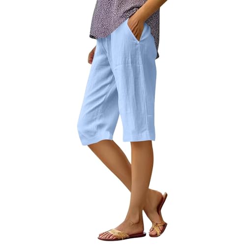 Knee Length Pedal Pushers for Women Lightweight Elastic High Waisted Summer Capri Pants Bermuda Shorts with Pockets Cotton Summer 2025 Pedal Pushers Comfy Lightweight Baggy Bermuda Shorts