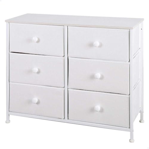 AKTIVE Max Home Cómoda dormitorio multiusos, 6 cajones de tela ligeros, 80x30x62 cm, Estructura acero, Tablero madera, Color blanco, Con sistema de nivelación, Organización, Almacenamiento (18409)