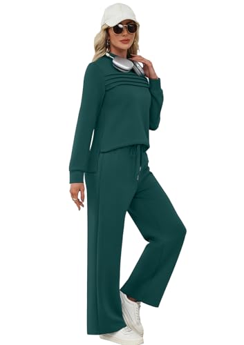 Image of WIHOLL Two Piece Sets for Women Fall Travel Vacation Outfits 2026 Long Sleeve Lounge Sets Side Slit Wide Leg Pants XS-3XL
