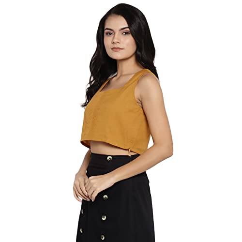 Image of DEEBACO Women's Regular Fit Cotton Pintuck Round Neck Solid Crop Top for Women Stylish Sleeveless One Piece Casual Girl Tops (White, Pink, Mustard)
