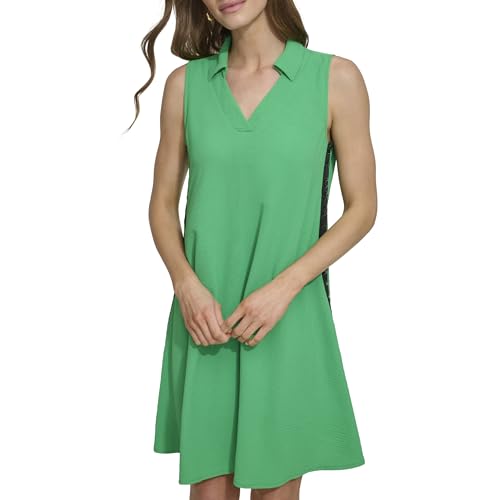 Image of DKNY Women's Sleeveless Collared Neck Logo Taping Above The Knee Dress