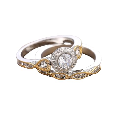 Vintage Two-Tone Statement Rings Set for Women, Classic Pear Round Cut Moissanite Wedding Bands 925 Sterling Silver Plated Travel CZ Engagement Bridal Promise Rings Sets for Her Size 9#