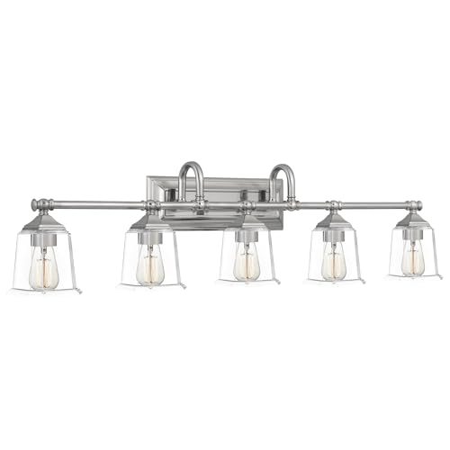 Image of Quoizel Nicholas 42 inch Vanity Light, Brushed Nickel, Clear Glass | 5-Light, Dimmable, Reversible Mounting, ETL Damp Rated