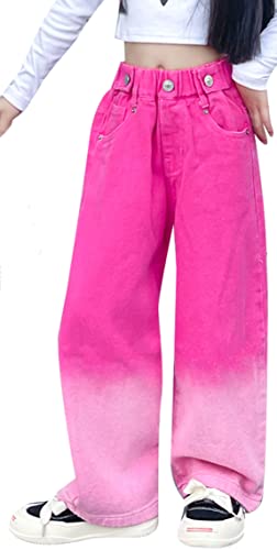 Kids Girls Wide Leg Jeans Elastic Waist Denim Pants Casual Ripped Baggy Trousers Straight Distressed Bootcut Bottom