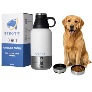 MBOTE 3-in-1 Portable Dog Water Bottle, 32oz Stainless Steel Insulated with 2 Bowls, White