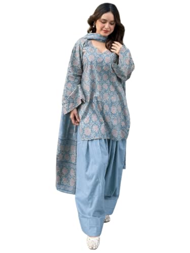 Image of ANNI Designer Farshi Salwar Suit for Women Cotton Printed | Kurta Dupatta Set for Woman | Straight Palazzo Outfit Round Neck V-Slit Long Sleeve Ethnic Dress Stylish Womens Clothing